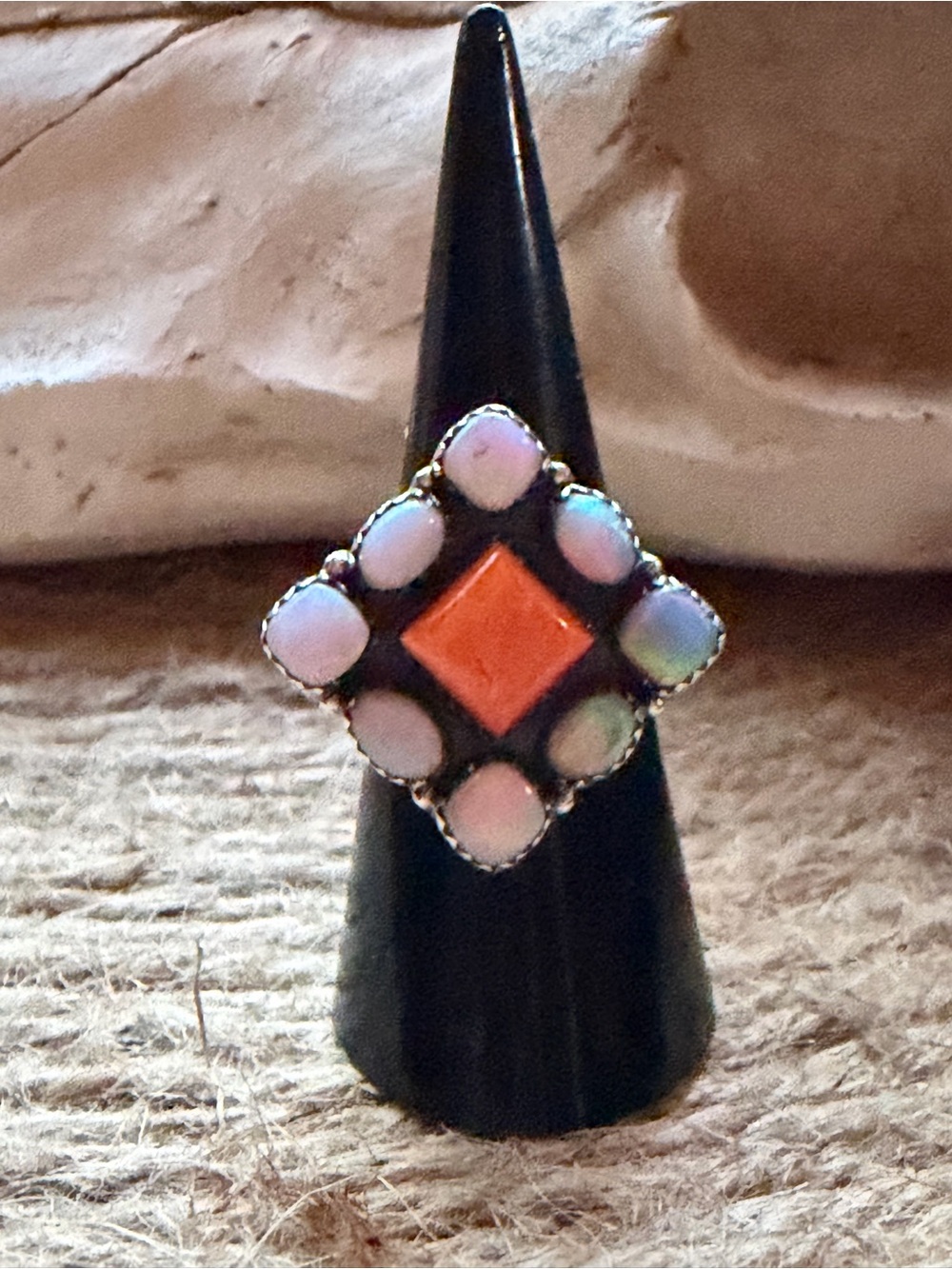 Sterling Silver Ring with Orange Spiny Center and Opalescent Accents